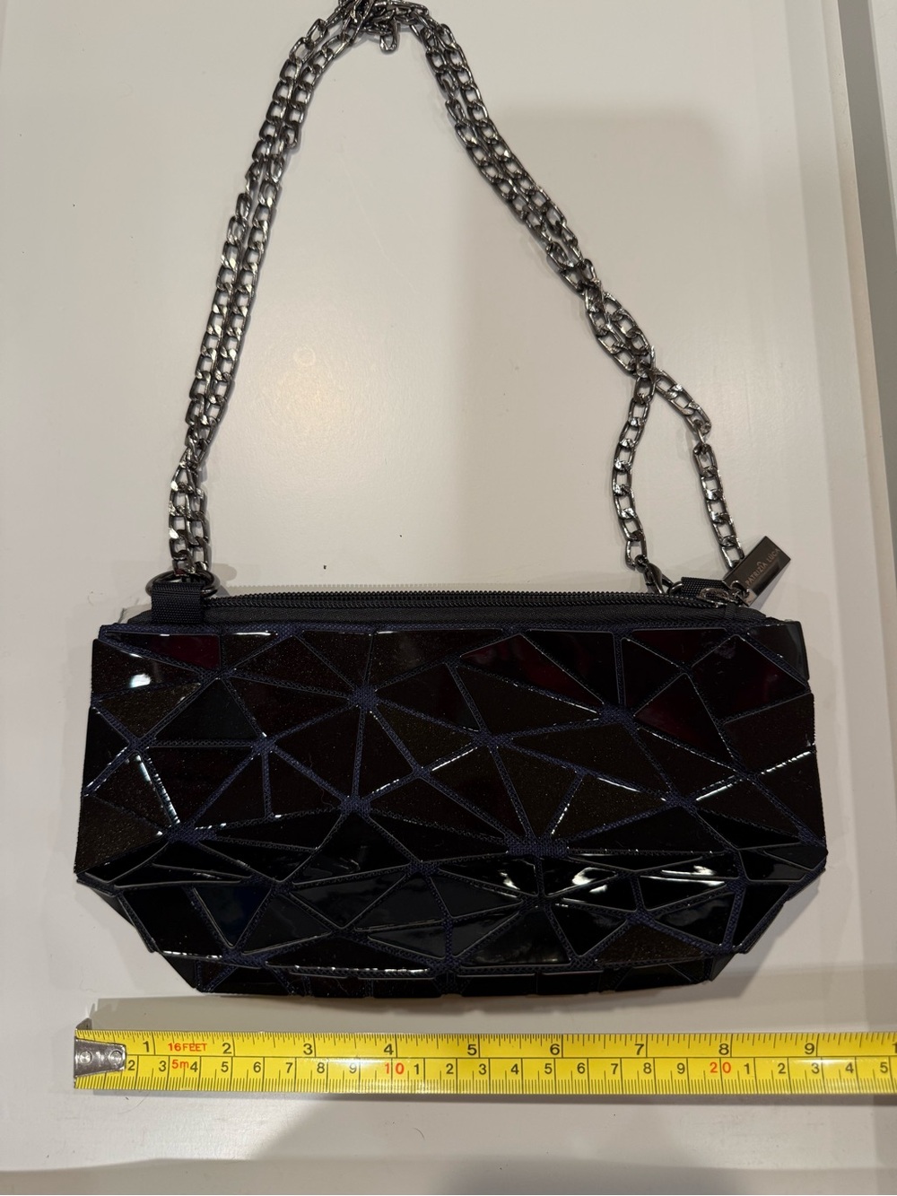 Patrizia Luca Black Geometric Patent Crossbody with Silver Chain